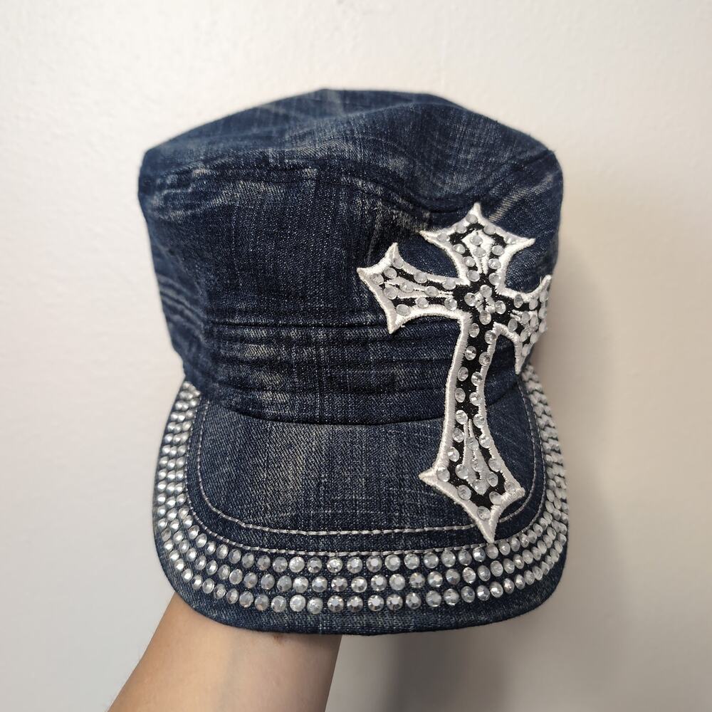 Rhinestone Cross Denim Cadet Hat Y2k